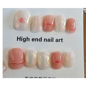 Oval Cream & Pink Opalescent 3D | Press on Nails - Handmade | Sz Medium